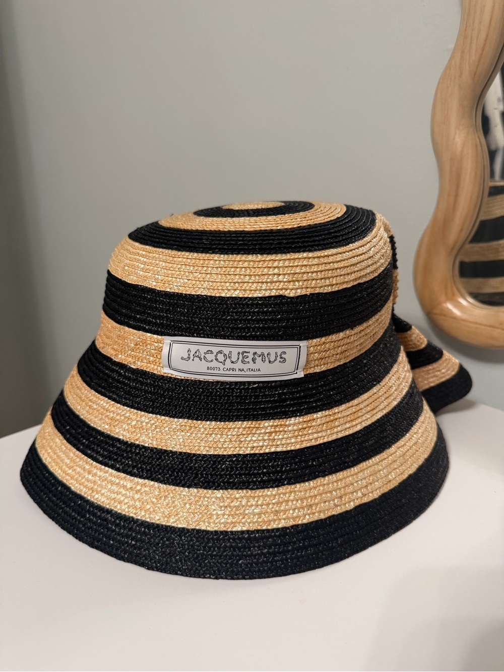 Jacquemus Black and Natural Striped Bucket Hat with Label